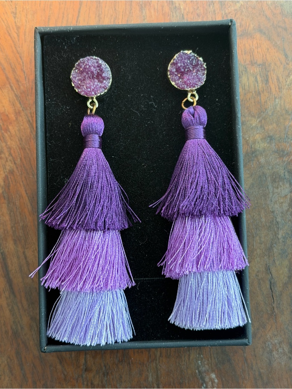 Purple Tassel Drop Earrings with Druzy Accent - Women Jewelry